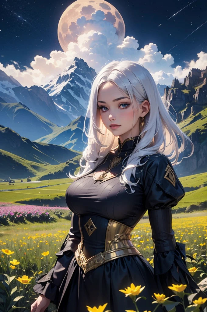 masterpiece, best quality, highly detailed, 1girl, white hair, Name:SARA, fantasy clothing, A girl in a field of flowers, mountains in the distance, a large moon, night sky. Fantastic ambiance.