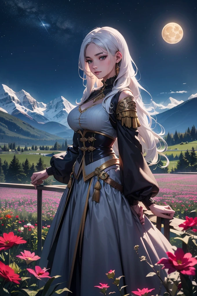 masterpiece, best quality, highly detailed, 1girl, white hair, Name:SARA, fantasy clothing, A girl in a field of flowers, mountains in the distance, a large moon, night sky. Fantastic ambiance.