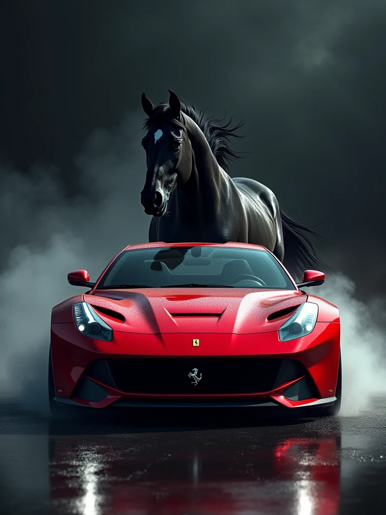 A stunning of a sleek red Ferrari f12 berlinetta car, speeding towards the viewer with its engine roaring. The car is positioned in front of a majestic black horse, its mane and tail flowing in the wind. The background is dark and mysterious, with a touch of surrealism. The overall composition creates a sense of power, speed, and the fusion of modern technology with classic equine beauty.