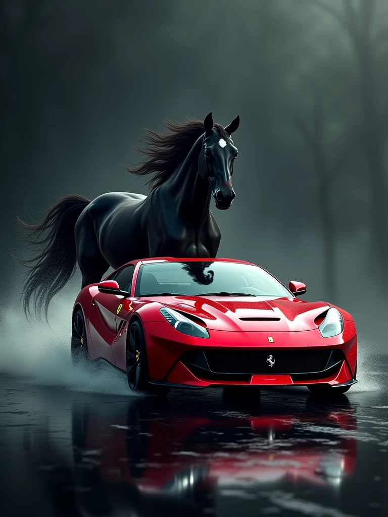A stunning of a sleek red Ferrari f12 berlinetta car, speeding towards the viewer with its engine roaring. The car is positioned in front of a majestic black horse, its mane and tail flowing in the wind. The background is dark and mysterious, with a touch of surrealism. The overall composition creates a sense of power, speed, and the fusion of modern technology with classic equine beauty.