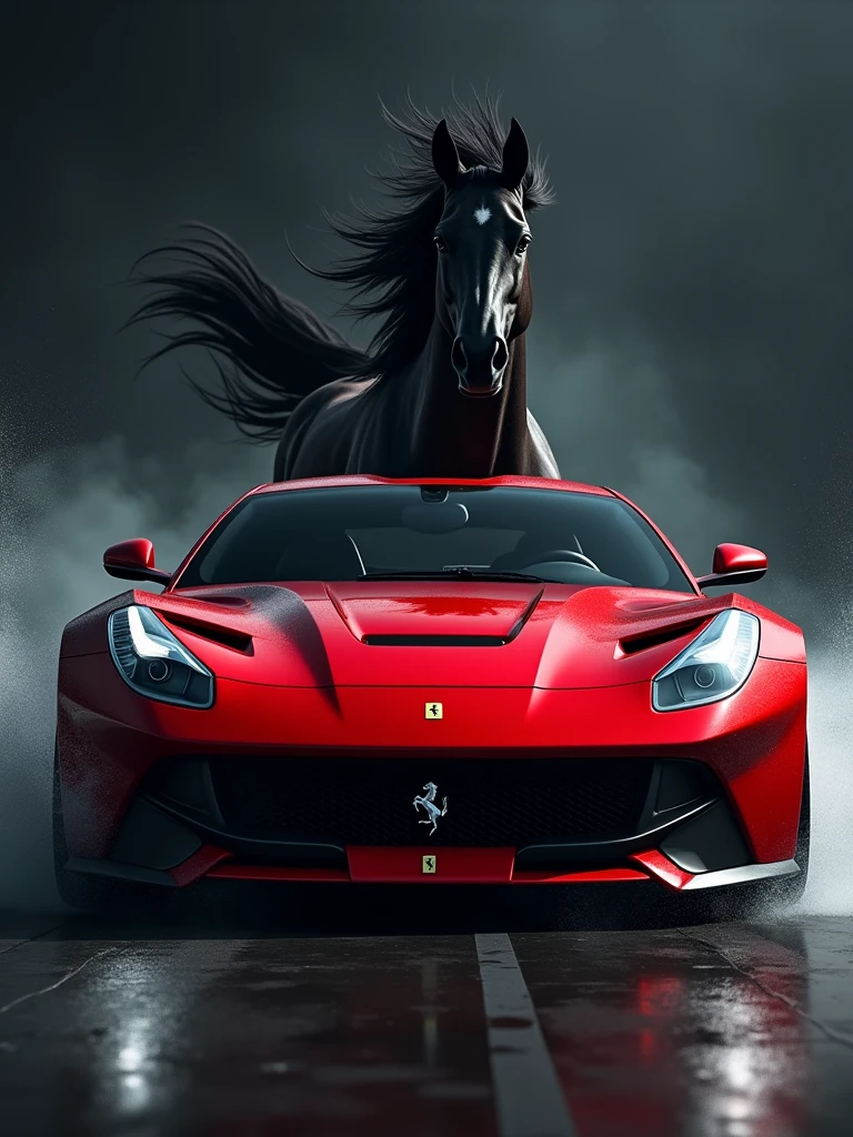 A stunning of a sleek red Ferrari f12 berlinetta car, speeding towards the viewer with its engine roaring. The car is positioned in front of a majestic black horse, its mane and tail flowing in the wind. The background is dark and mysterious, with a touch of surrealism. The overall composition creates a sense of power, speed, and the fusion of modern technology with classic equine beauty.