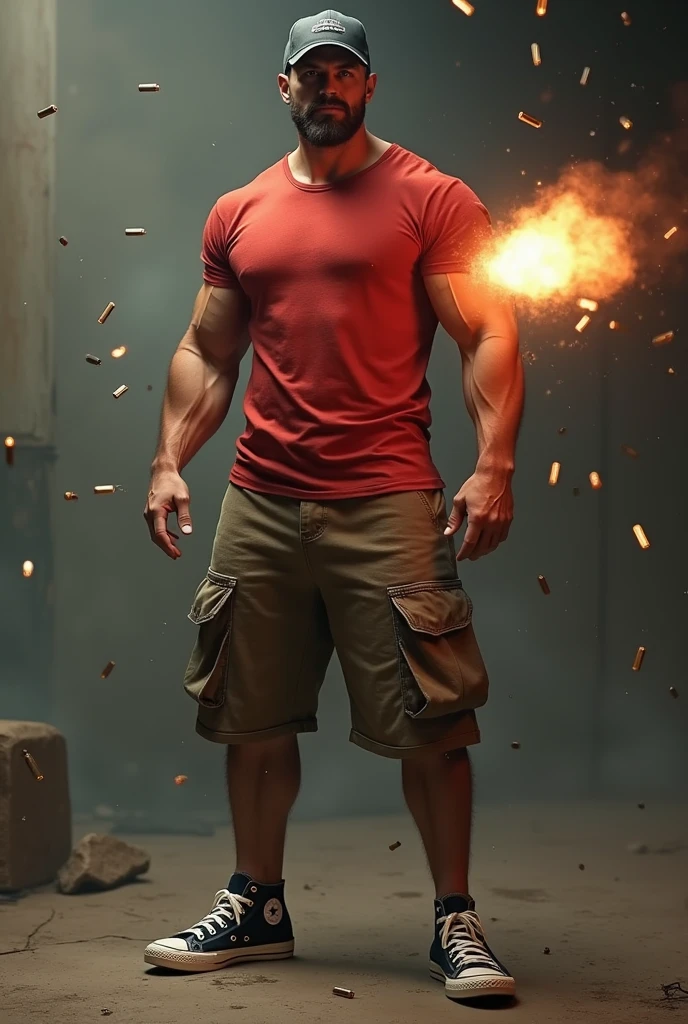 Muscular man wearing a shirt with long shorts Long loose shorts With pockets on the sides with converse sneakers red T-shirt and brown shorts Long short, Normal musculature With beard and baseball cap Realistic musculature They shoot bullets at his chest but they ricochet