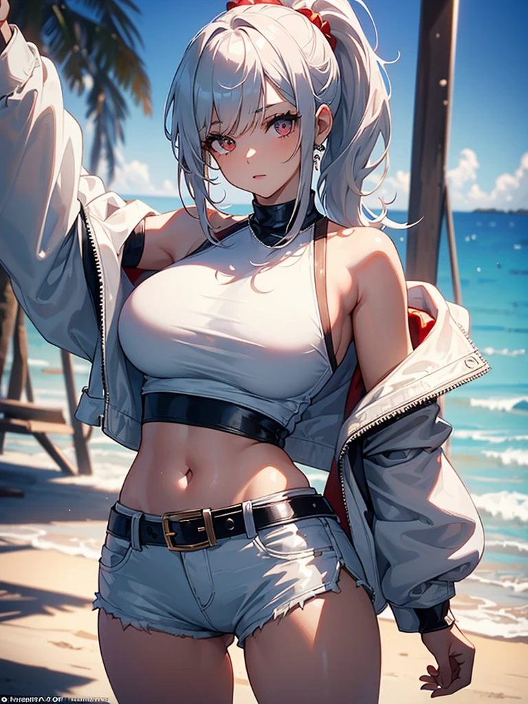 (masterpiece:1.6, best quality), (finely detailed beautiful eyes: 1.2), (Overhead view), high quality, beautiful face, 1girl, wide shot, white tshirt, leather short shorts, oversized leather jacket, open shoulders, red eyes, silver hair, large breasts, ponytail hair, wide hips, badass (leaning to the side, ), beach, background, detailed background,
