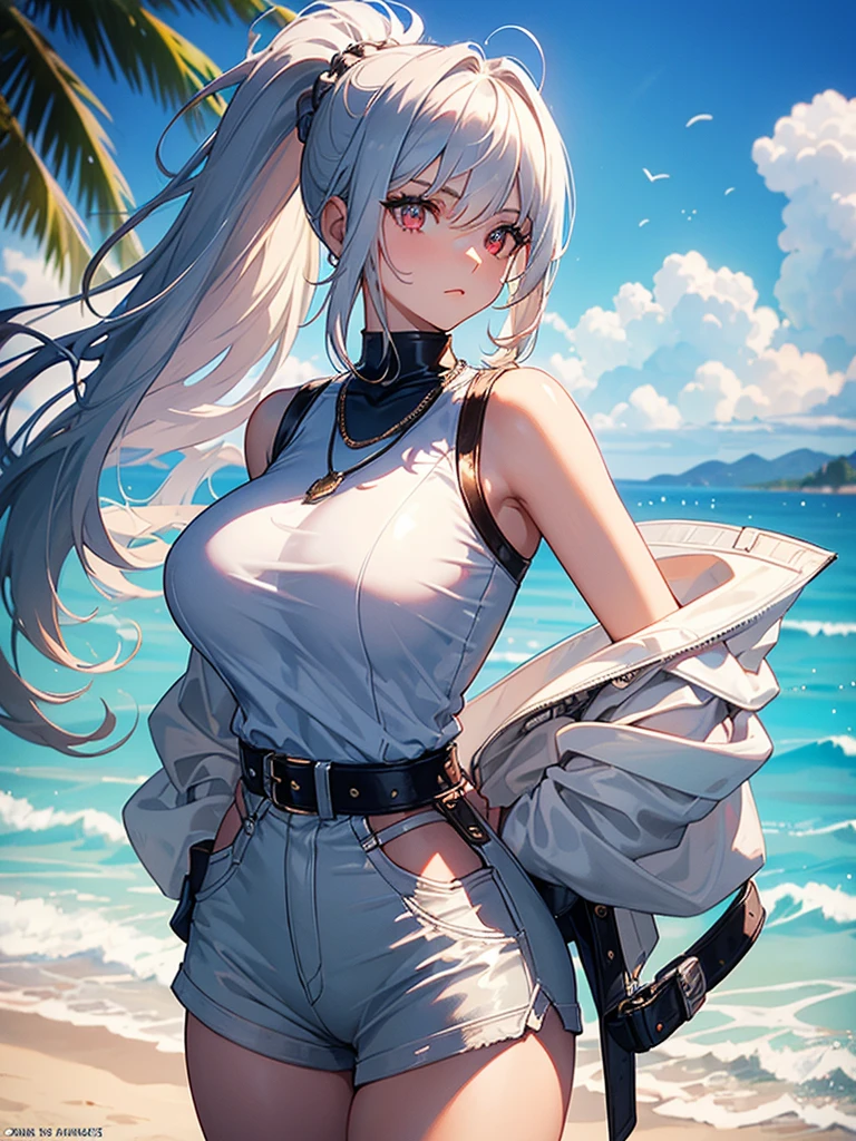 (masterpiece:1.6, best quality), (finely detailed beautiful eyes: 1.2), (Overhead view), high quality, beautiful face, 1girl, wide shot, white tshirt, leather short shorts, oversized leather jacket, open shoulders, red eyes, silver hair, large breasts, ponytail hair, wide hips, badass (leaning to the side, ), beach, background, detailed background,
