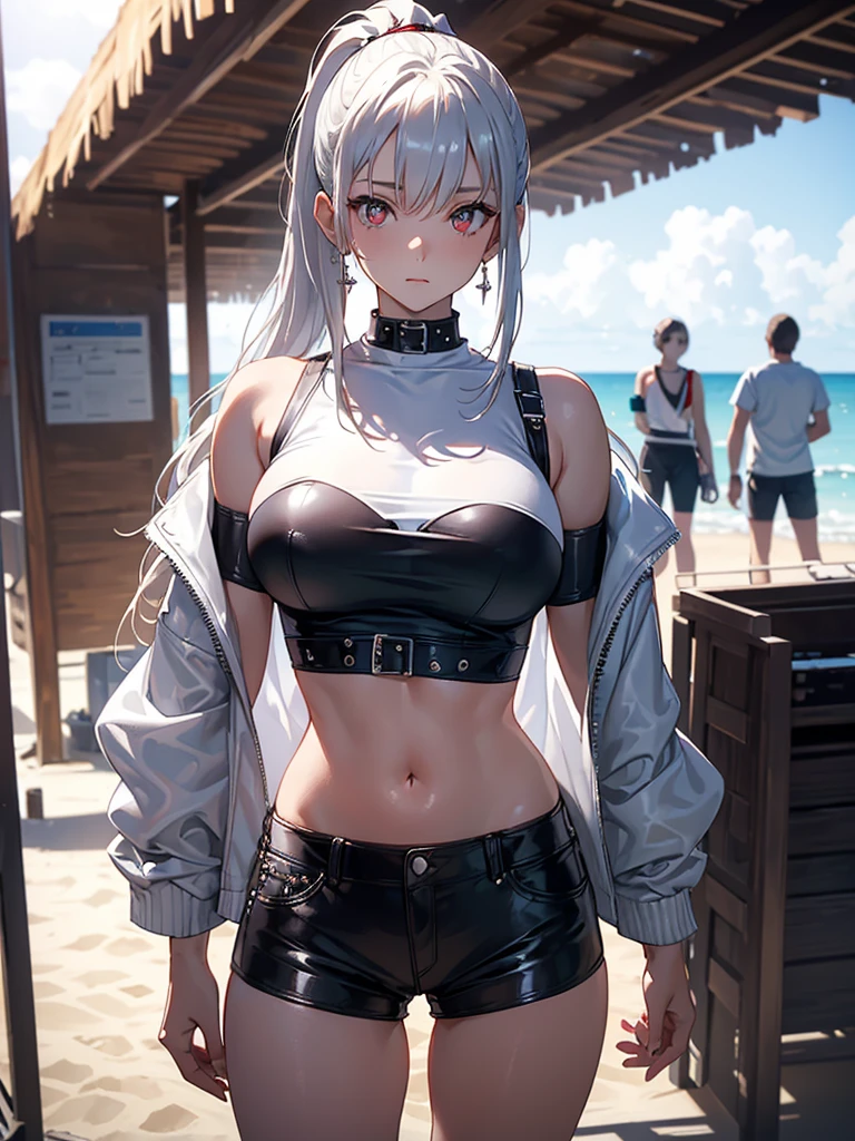 (masterpiece:1.6, best quality), (finely detailed beautiful eyes: 1.2), (Overhead view), high quality, beautiful face, 1girl, wide shot, white tshirt, leather short shorts, oversized leather jacket, open shoulders, red eyes, silver hair, large breasts, ponytail hair, wide hips, badass (leaning to the side, ), beach, background, detailed background,