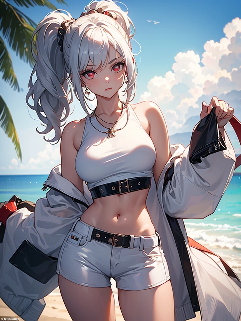 (masterpiece:1.6, best quality), (finely detailed beautiful eyes: 1.2), (Overhead view), high quality, beautiful face, 1girl, wide shot, white tshirt, leather short shorts, oversized leather jacket, open shoulders, red eyes, silver hair, large breasts, ponytail hair, wide hips, badass (leaning to the side, ), beach, background, detailed background,