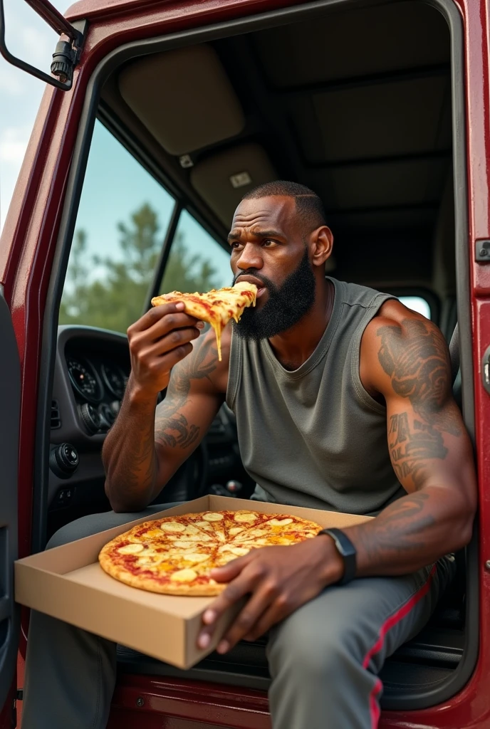 Lebron James eating a pizza with banana inside a big truck
