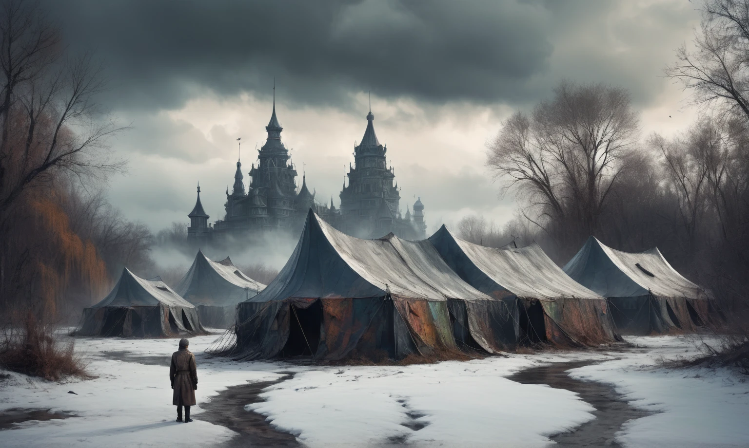 insane pilot from USSR , camouflage Rusty, after a psychiatric clinic,winter,intricate landscape,slate grey atmosphere,film grain,faded,eyes extremely detailed,another world,view from height,once pretty face,eyebrow up,full body shot,ominous landscape, Simon Stalenhag,Nicola Samori,full body shot,beggar paladium The Alien Entity,Technicolor,natural skin textures, hyper realism, hyper detailed,Extremely detailed,High contrast,Masterpiece,Realistic,Ultra Detailed, intricate details,realistic humid leather,extremly intricate,Epic Realistic, cinematic style,irina yermolova,high contrast,hdr,extremely detailed, deep night landscape,masterpiece,intricate details,faded,eyes extremely detailed, high detailed eyes,8k resolution,RAW,retina, Nikon Z9,China,tkt style, transition between two art styles, Ink painting to photorealism, Double contact, X-ray, Creative, vivid light, masterpiece, fantasy, Abstract Surrealism, super detailed, high resolution, stop:35;Her skin is pale, almost translucent,ancient rock,a hot air soars through the layers of clouds, revealing a colossal and enigmatic cityscape nestled within. The buildings in this ethereal city are adorned with intricate details and exude an aura of mystery. Above the cityscape, lend an enchanting touch to the scene. steampunk. The intricate mechanics create a sense of wonder and fascination, as if stepping into a dreamlike realism,Marta Bevacqua, ais-sinisterz, a derelict circus in the middle of a swamp, remnants of colorful tents, a silent carousel with spectral horses, all under a sky heavy with storm clouds