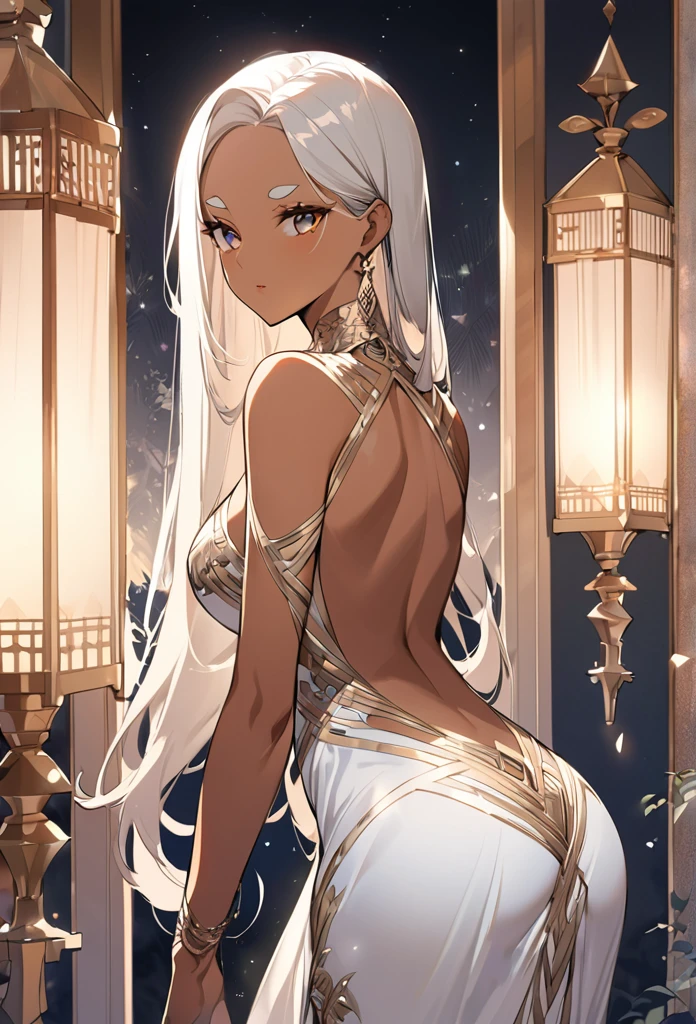thick outline,An anime-style illustration of a beautiful woman wearing an elegant, long Eastern-style dress with a large open back. The dress flows gracefully, accentuating her figure. The woman is arching her body slightly, exuding an alluring presence. She gazes directly at the viewer with a seductive, captivating expression in her eyes. The scene is filled with a sense of mystique and sensuality, with soft lighting that highlights the curves of her body and the intricate details of the dress,dark skin,thick eyebrows,Cartwheels