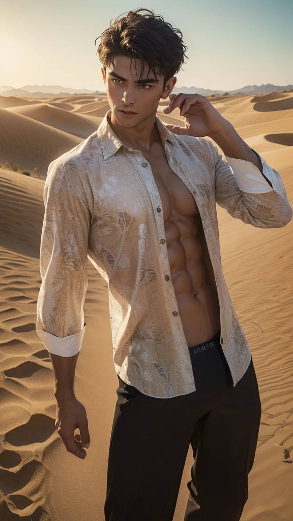 (masterpiece, high resolution, detailed:1.3), a mesmerizing depiction of a ((strikingly handsome young man:1.5)) donning ((sand print shirt and black brief), bulge:1.5), (open shirt showcasing chest and abs:1.5), gorgeous, beautiful, wet, muscular, standing against the backdrop of the vast and mysterious desert, breathtaking grandeur, best quality, masterpiece, His (toned physique:1.5) is bathed in the soft glow, creating an otherworldly aura. As he sexually gazes out into the depths of desert, his (intense sexy eyes:1.2) reflect the wonder and curiosity of his desert journey. The intricate details of his attire and the (subtle gleam:1.2) on his skin are meticulously captured, lending an air of realism to the scene. The desert expanse behind him is a tapestry of (sand dunes:1.2), (dazzling sunlight:1.2), a breathtaking testament to the beauty of the scenery. This artwork melds the allure of a beautiful man with the awe-inspiring vastness of desert, evoking a sense of both intimacy and grandeur. (Sexiest pose: 1.5)