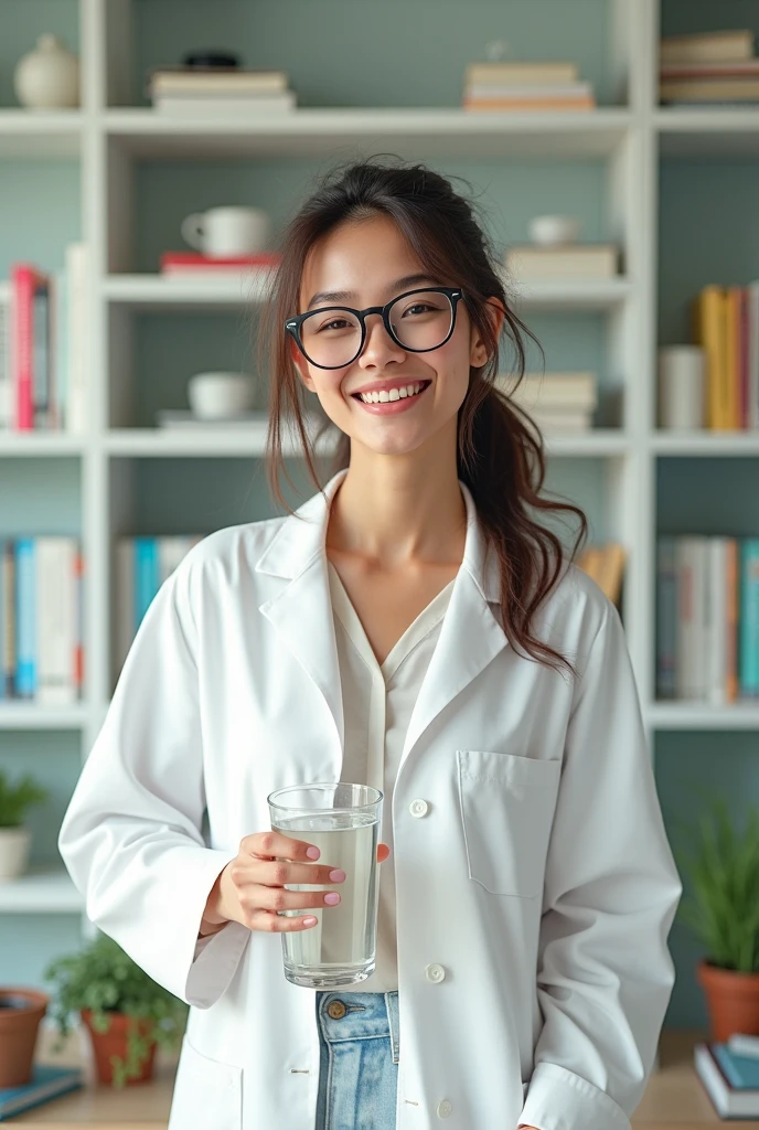 Create a happy woman in a white coat, glasses, hair stuck, 
holding a glass of water in his left hand . in the background a bookshelf with books. White wall with green details. 

