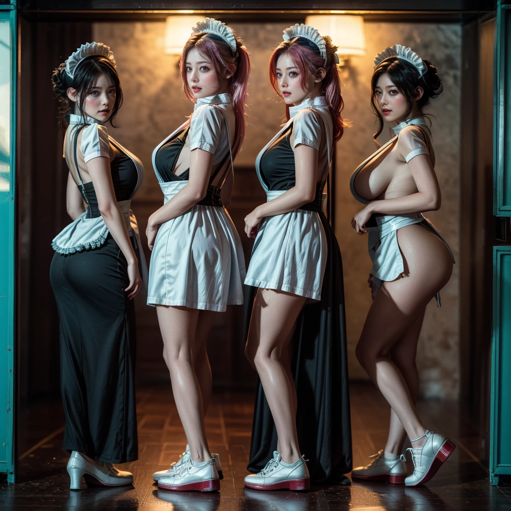 (Full Body of Extremely Detailed((Sexy Maid Group Boxed in a row:1.37))), KAWAII perfect face with Reflective Eyes, Detailed(Delicate Clothing textures), Correct Graceful Legs, Glass Cover with Specular Reflection, TopQuality 8K Ultra-detailed masterpiece (ProfessionalPhoto:1.37), (Acutance:0.8), (Luminism:1.28), Renaissance art style, Colorful Light particles, (Full body from side) {MicroMini Skirt|Kissing Face to Face|Thigh Gap|Cute Peach AssFocus|(NakedApron with (Overflowing Sideboob))}, Radiant Fine Skin with Transparency, (Exposed:0.4) {Pink Hair|LightBlue Hair|Blonde|Pure White Hair|Liquid Hair|Red Shoes}, Perfect Lighting