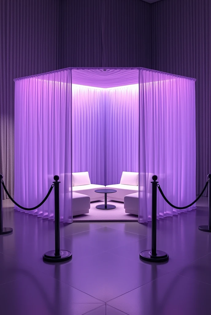 an interior space with predominantly purple lighting. In the center, there is a square structure with translucent curtains also in shades of purple. Inside this structure, there are white sofas arranged around a small table, creating an intimate and reserved space. Around the area enclosed by the curtains, there are black rope barriers, suggesting that the space is exclusive or VIP. The space is modern and elegant, with a sophisticated atmosphere created by the combination of soft lighting and the minimalist design of the furniture.