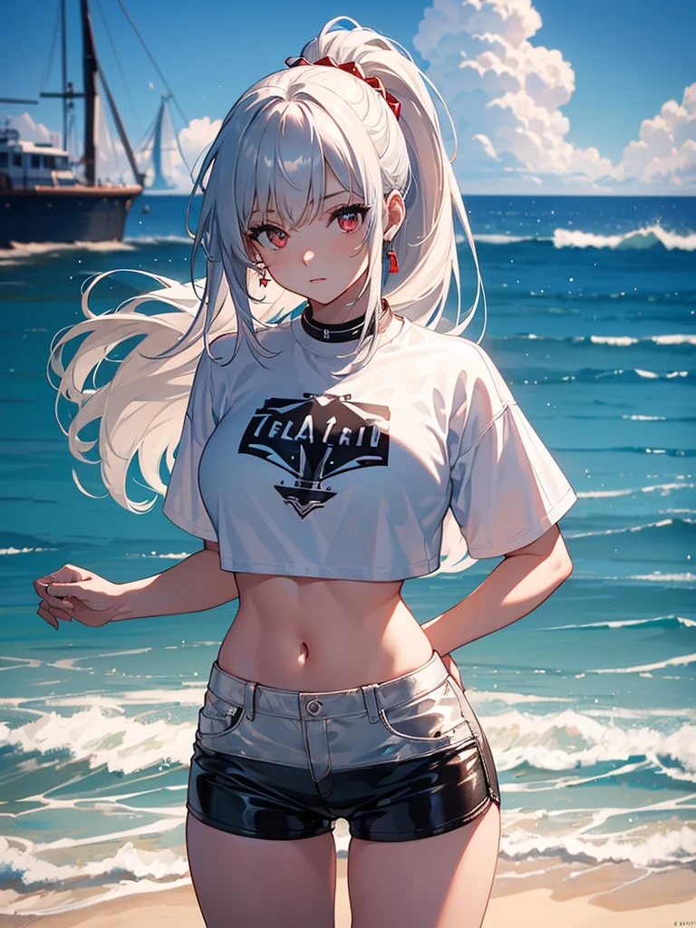 (masterpiece:1.6, best quality), (finely detailed beautiful eyes: 1.2), (Overhead view), high quality, beautiful face, 1girl, wide shot, white tshirt, leather short shorts, oversized leather jacket, open shoulders, red eyes, silver hair, large breasts, ponytail hair, wide hips, badass (leaning to the side, ), beach, background, detailed background,