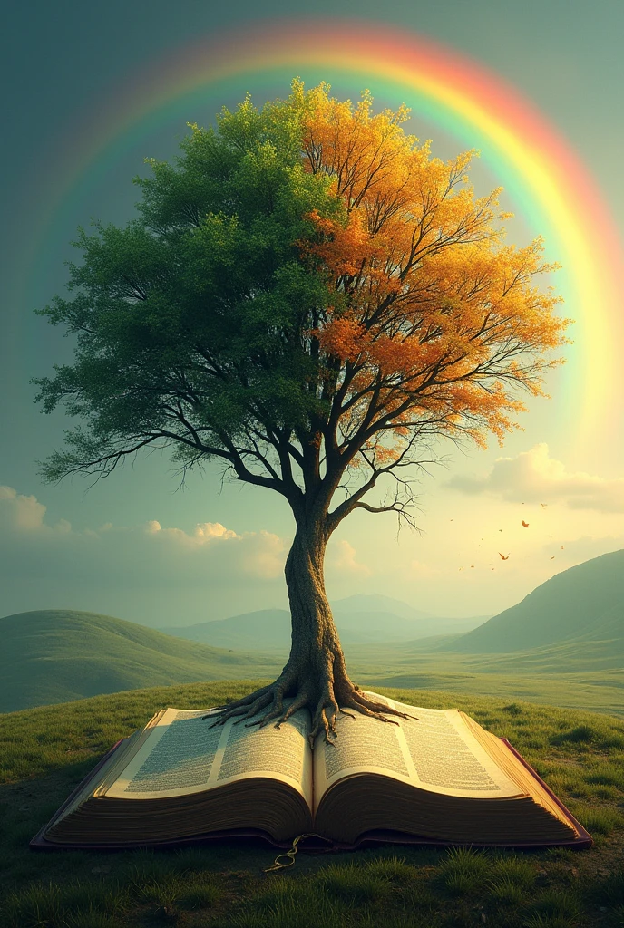 Half green tree, half dry with rainbow in the background with the ground in the shape of a bible