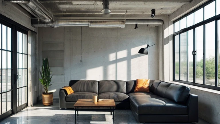 Living room, gray industrial style, painted black floor-to-ceiling windows, L-shaped leather sofa, sunlight, white ceiling fan, cement floor, 20mm