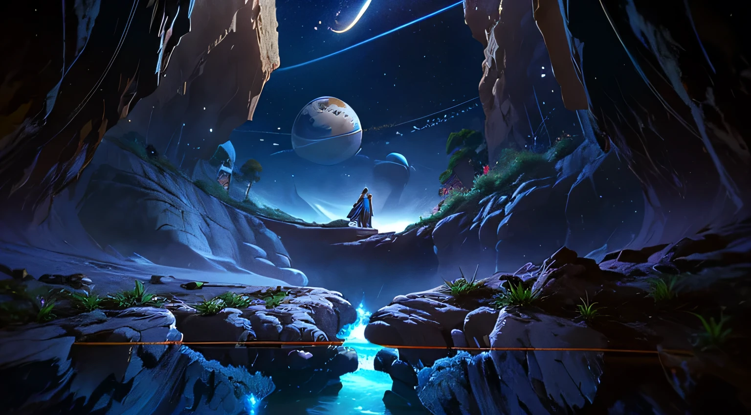 masterpiece、background with((Fantastic starry sky、meteorites、black hole、planets))、depth((Fantastic big cliff with waterfall、luminescent、plants、City on a cliff))、seeking out