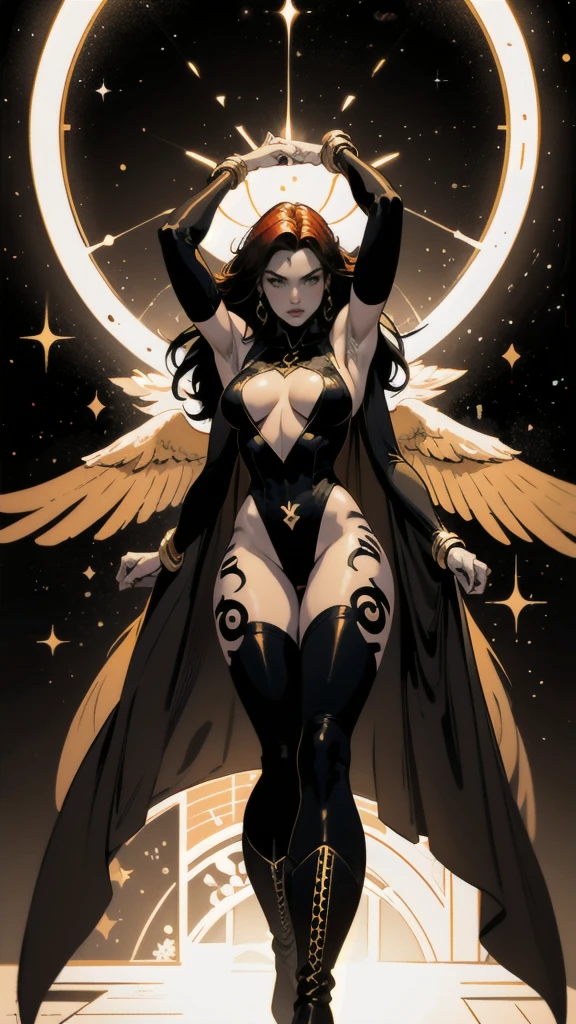 1girl, solo, Jean Grey of X-men, high leg cut out unitard of black and gold, boob window in unitard, ((thighs showing)), ((calf-high boots)) , (mandala tattoos on thighs (color:1.27)), color phoenix on chest, floating in space, arms out in power pose, 1 leg crossed in front of the other, dramatic cosmic background, moody lighting, 16k, best quality, masterpiece, (wide angle:1.27), full length portrait