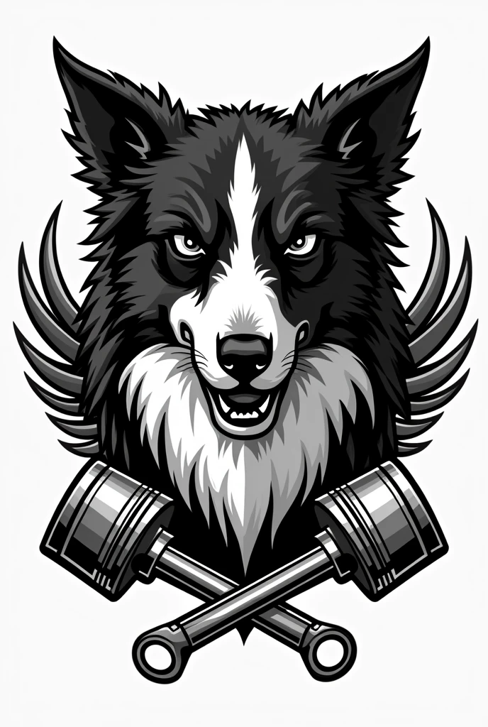 I need a crest for a motorcycle club in black and white with a white border colie dog with only one black ear(but not up to the eye) and angry in the middle but only his bust, with small wings coming out from behind him on the sides, and two crossed pistons coming out of the bottom of the dog&#39;s head