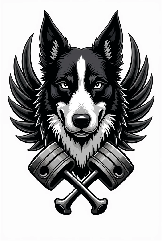 I need a crest for a motorcycle club in black and white with a white border colie dog with only one black ear(but not up to the eye) and angry in the middle but only his bust, with small wings coming out from behind him on the sides, and two crossed pistons coming out of the bottom of the dog&#39;s head