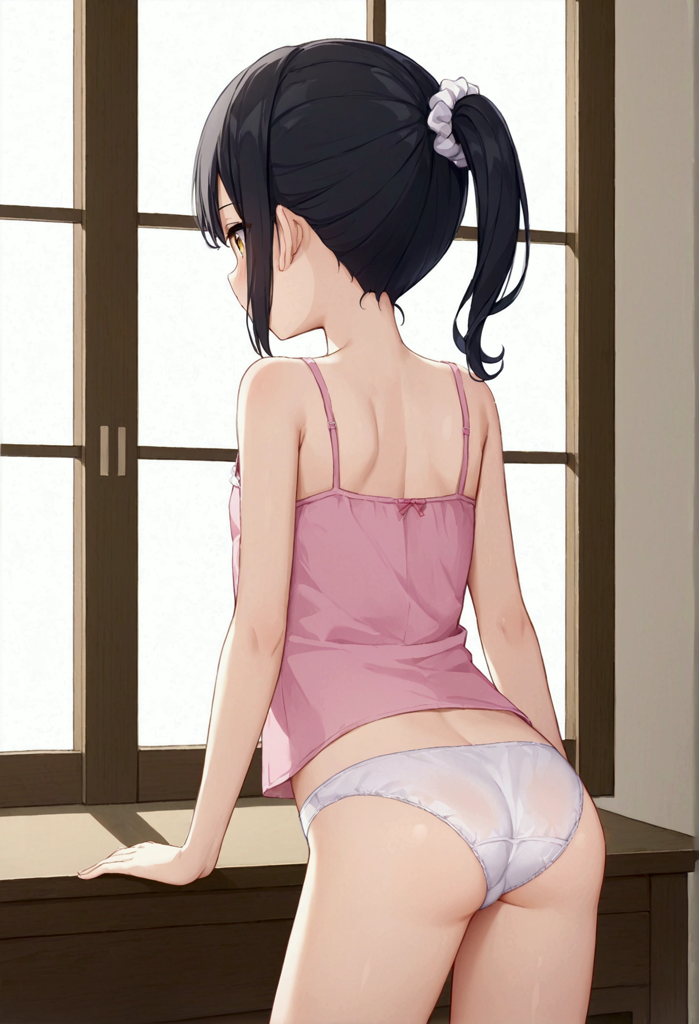 高いquality illustration, masterpiece, Very delicate and beautiful, masterpiece, Highest quality, High resolution, Very detailed, Perfect lighting、1 female、(Short side ponytail hair)、Black Hair、Flat Chest、White scrunchie、White panties、Pink camisole、Japanese-style room、back、Butt