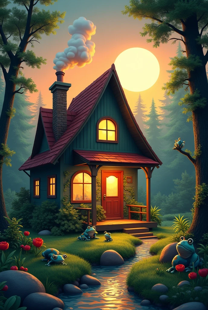 Retro Images，Storytelling，Forest House，Tree frogs live here，Ultra-realistic，high resolution，背景は三角屋根のレトロなForest House，There is a chimney on the left side of the roof.，Smoke is rising from the chimney，Sunset in the background，The white full moon is beautiful，Light leaks through the window，looks fun，There is a stream in front of the house

