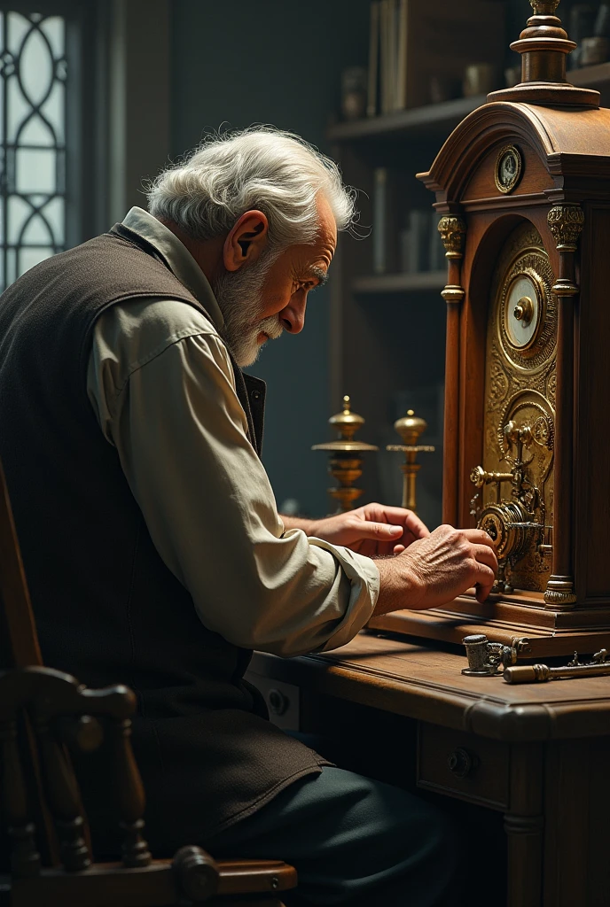 Old man standing with his back turned fixing the machinery of a clock