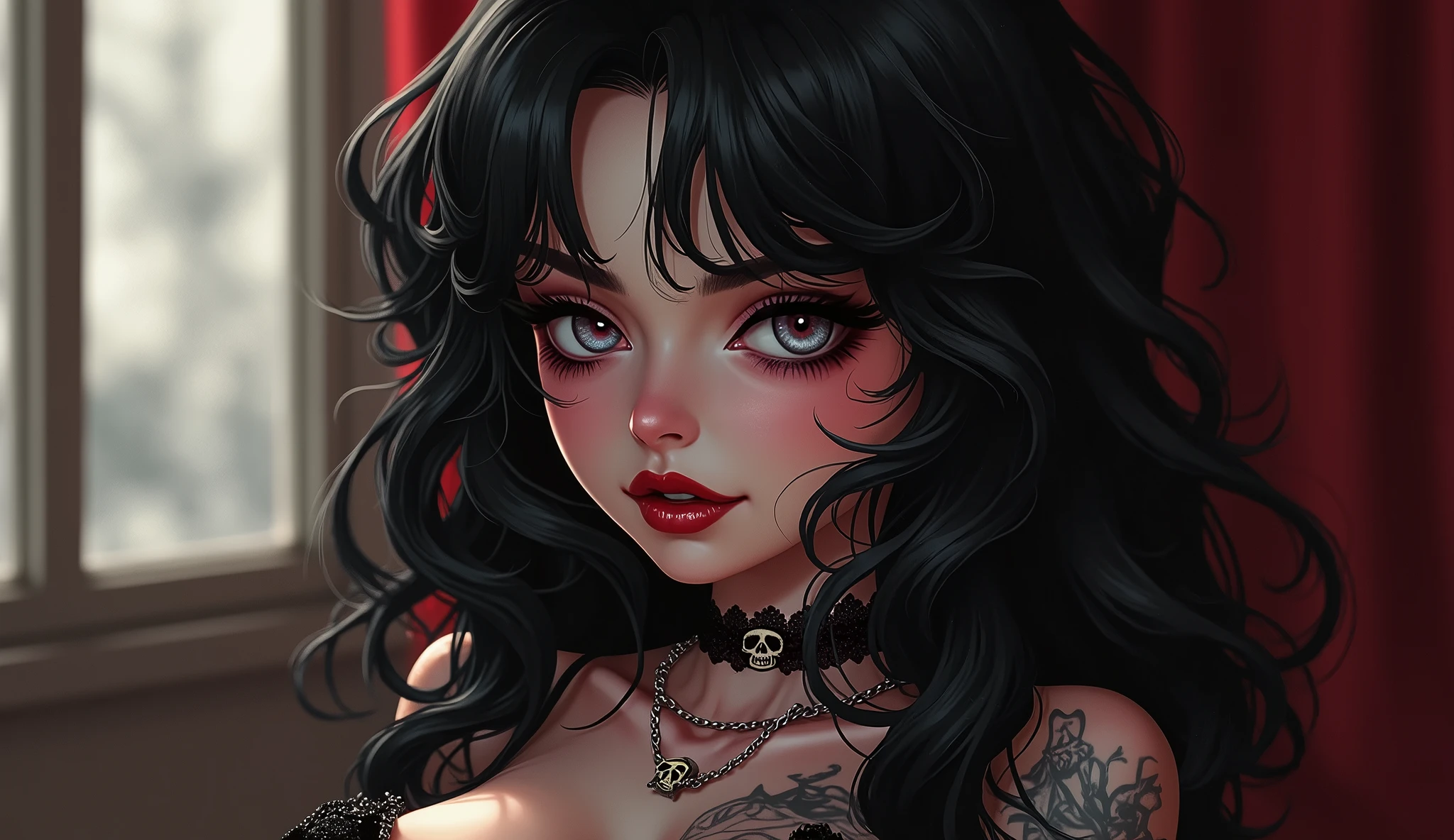 (best quality, ultra-detailed, photorealistic: 1.39), bright and vibrant colors, studio lighting, romantic expression, An effeminate girl, with a delicate and beautiful face. Beautiful and adult tattooed woman with her voluminous curly black hair matches the gothic makeup, her silver eyes and mischievous smile, with her large seductive breasts, cleavage, dark style, blouse with lace details, plaid shorts with skull belt, dark makeup. She have a horny face, like a manwha character, chain details,, walking in leaning pose in the room, seductive cleavage, manga style, anime features manga style, fully body , she is in love, anime style