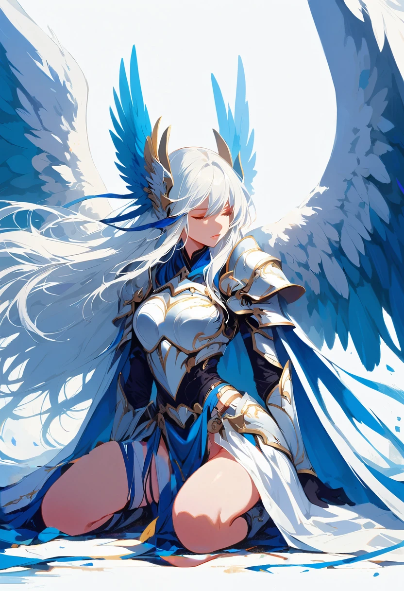 1girl angel angel_wings armor feathers_Long wing feathers_Hair Shoulder Armor Shoulder_Armor single piece_Upper wing separation_The body is white_Theme blue_Wings Wings Leg Armor