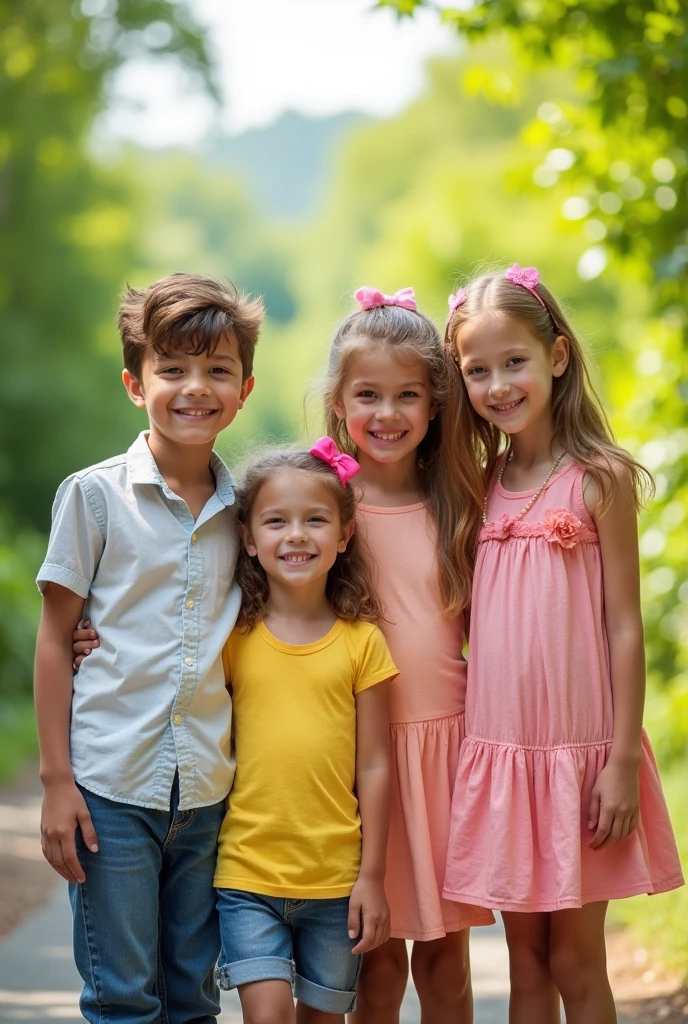 Two boys and 2 girls together taking a picture
