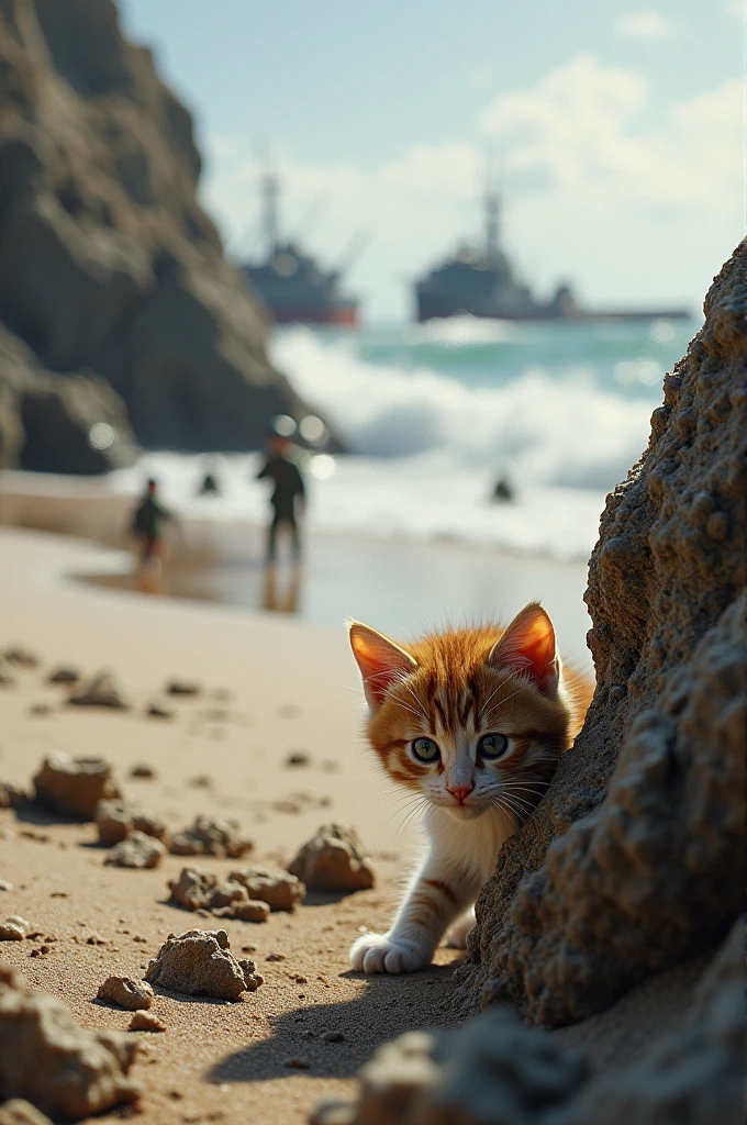 Allied troops landing on the beaches of Normandy, the kitten hides behind a rock, watching the tide of soldiers.