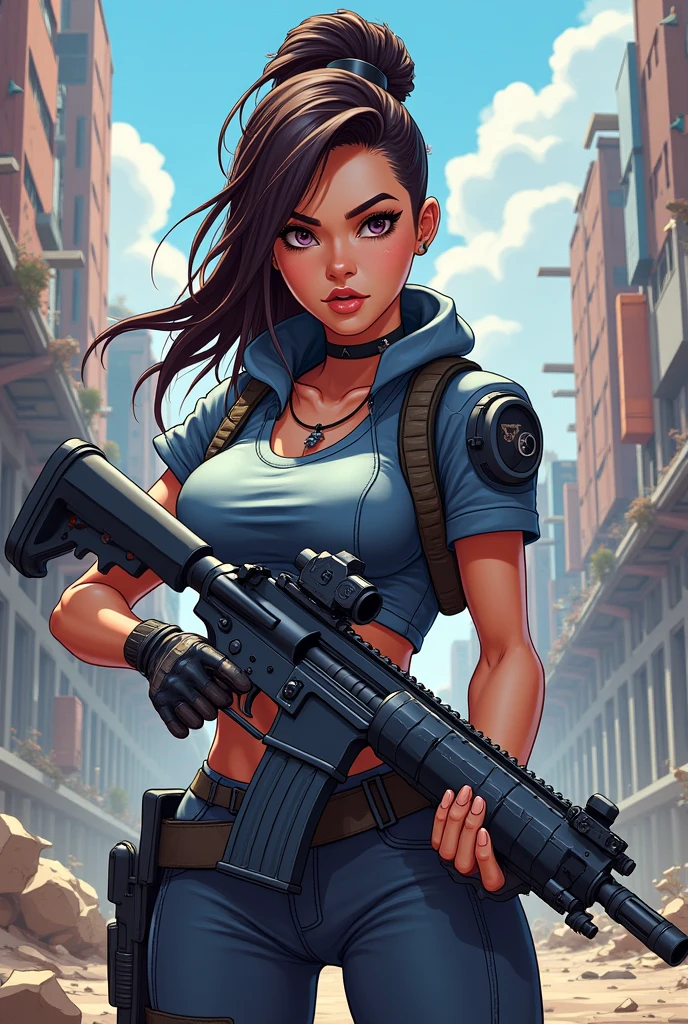 A female character from a battle royale game with a gun in her hand. Cartoon graphic