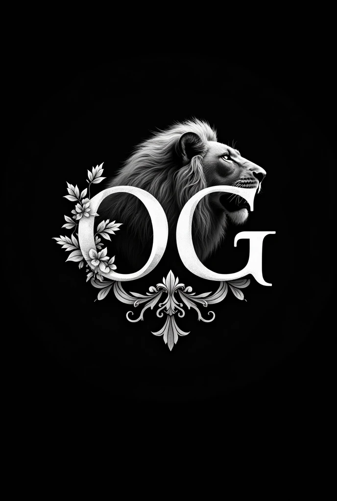 Make a very elegant OG logo Without letters Just the OG logo in black background and white letters Make it more elegant and fine With decorations and a lion behind the logo