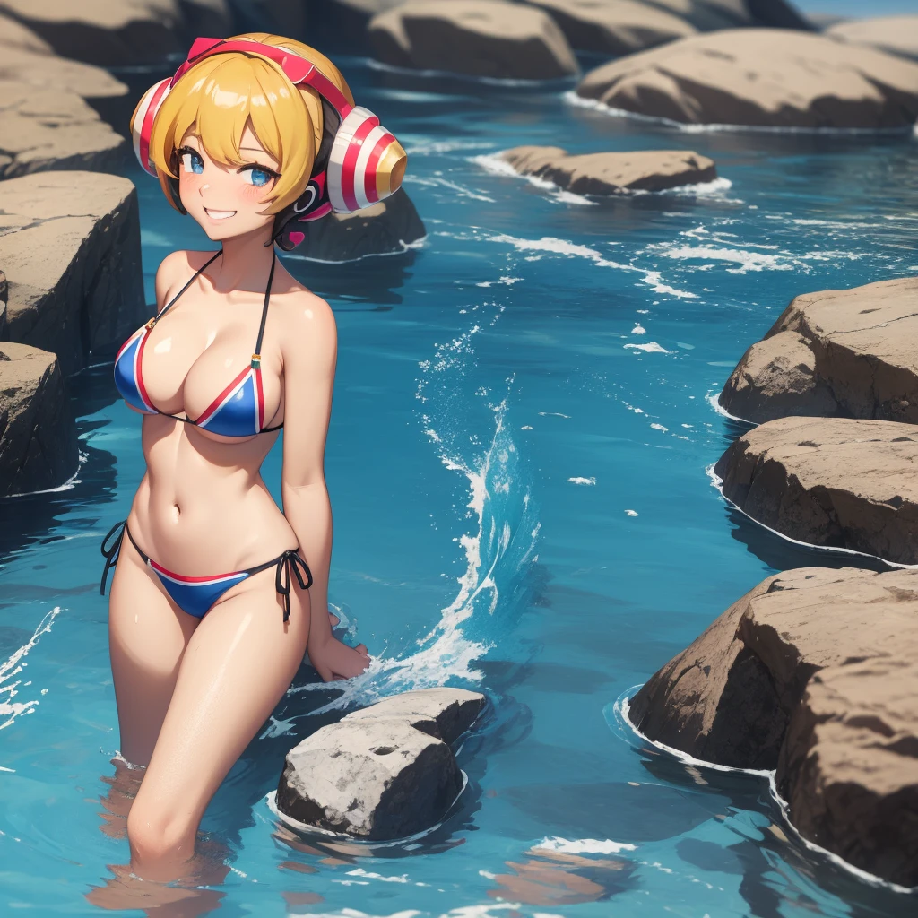 side-tie bikini, breasts, 1girl, bikini, swimsuit, bikini, wet, smile, navel, solo, viewfinder, phone screen, looking at viewer, grin, wading, large breasts, water, collarbone, cleavage, user interface, recording, blush,cinnamon_megamanxcm