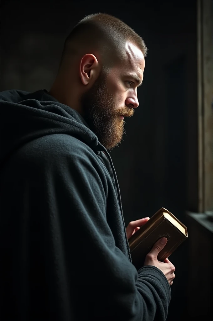 Side portrait of a mysterious and handsome 22 year old Viking man. He's muscular, with medium length brown beard and shaved hair, wearing a dark hooded cloak. The environment is dark and poorly lit, enhancing the air of mystery. He holds a Bible with both hands, with an intense and enigmatic expression.