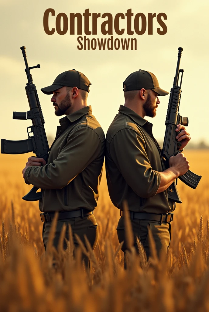 Two guys holding an AR back to back with the words contractors showdown above it them with a wheat background 