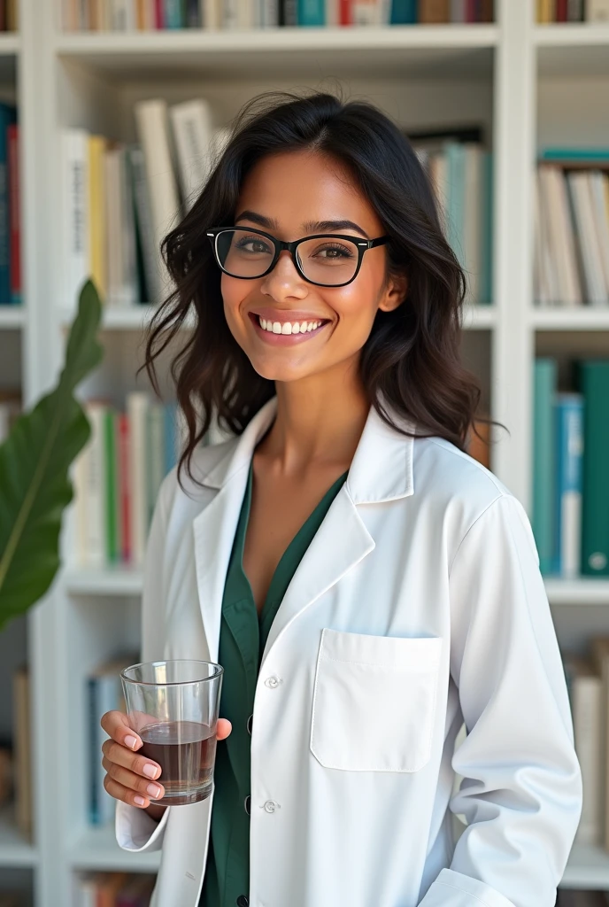 Create a happy Brazilian woman in a white coat, glasses, hair stuck, 
holding a glass of water in his left hand . in the background a bookshelf with books. White wall with green details. 
