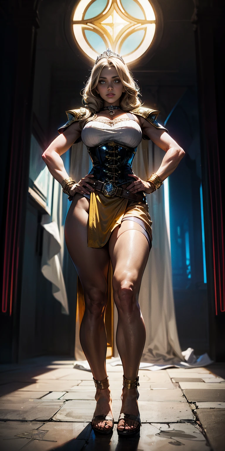 paladin lady in ornate golden armor, black collar, pauldrons, breastplate, corset, glowing halo, single braid, blonde, yellow glowing eyes, bright pupils, eye focus, red cape, temple indoors, stained glass windows, night, moonlight, particles, light beam, chromatic aberration (full body, whole body. 1solo (girl). slave fighter, loincloth standing, hands on hips full body, whole body, 1solo (girl, slave fighter, loincloth standing, hands on hips, metal sandals, leather choker, big belt, view from below, feet together, bracers, tiara)
