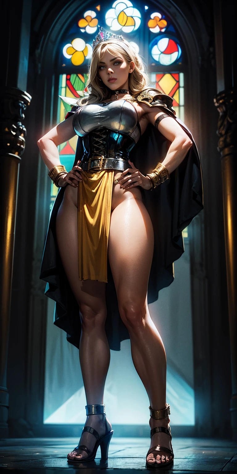 paladin lady in ornate golden armor, black collar, pauldrons, breastplate, corset, glowing halo, single braid, blonde, yellow glowing eyes, bright pupils, eye focus, red cape, temple indoors, stained glass windows, night, moonlight, particles, light beam, chromatic aberration (full body, whole body. 1solo (girl). slave fighter, loincloth standing, hands on hips full body, whole body, 1solo (girl, slave fighter, loincloth standing, hands on hips, metal sandals, leather choker, big belt, view from below, feet together, bracers, tiara)
