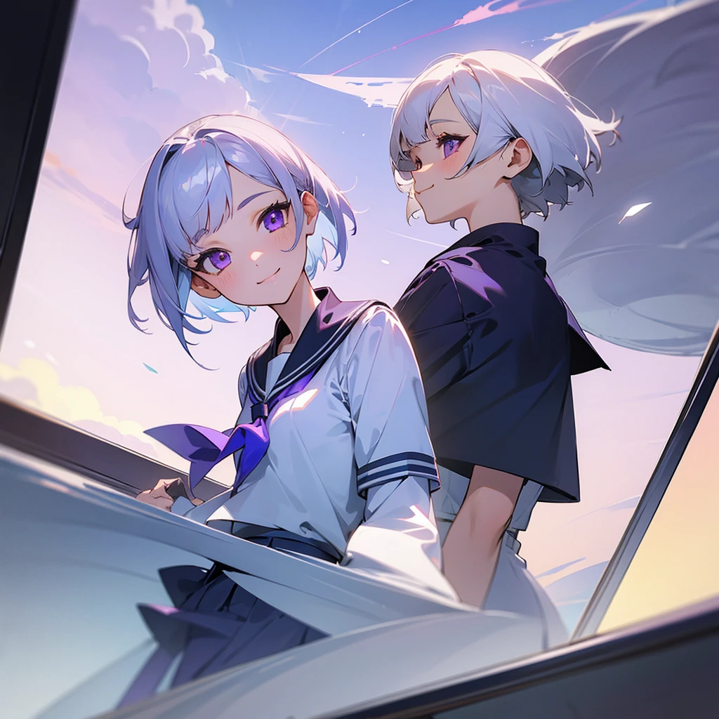 2girl,sailor uniform,short hair,silver hair,purple eye,smile,sky,mirror side