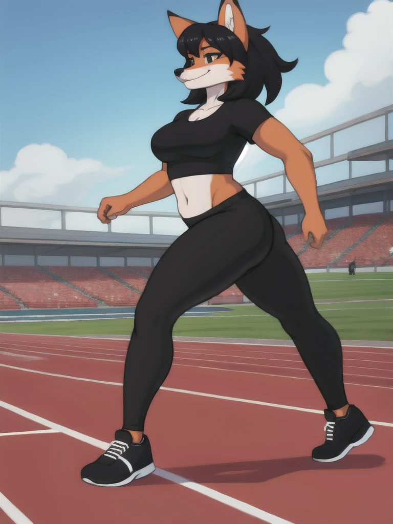 Furry, fox, female, black shirt, black leggings, shoes, running track, friends, full body