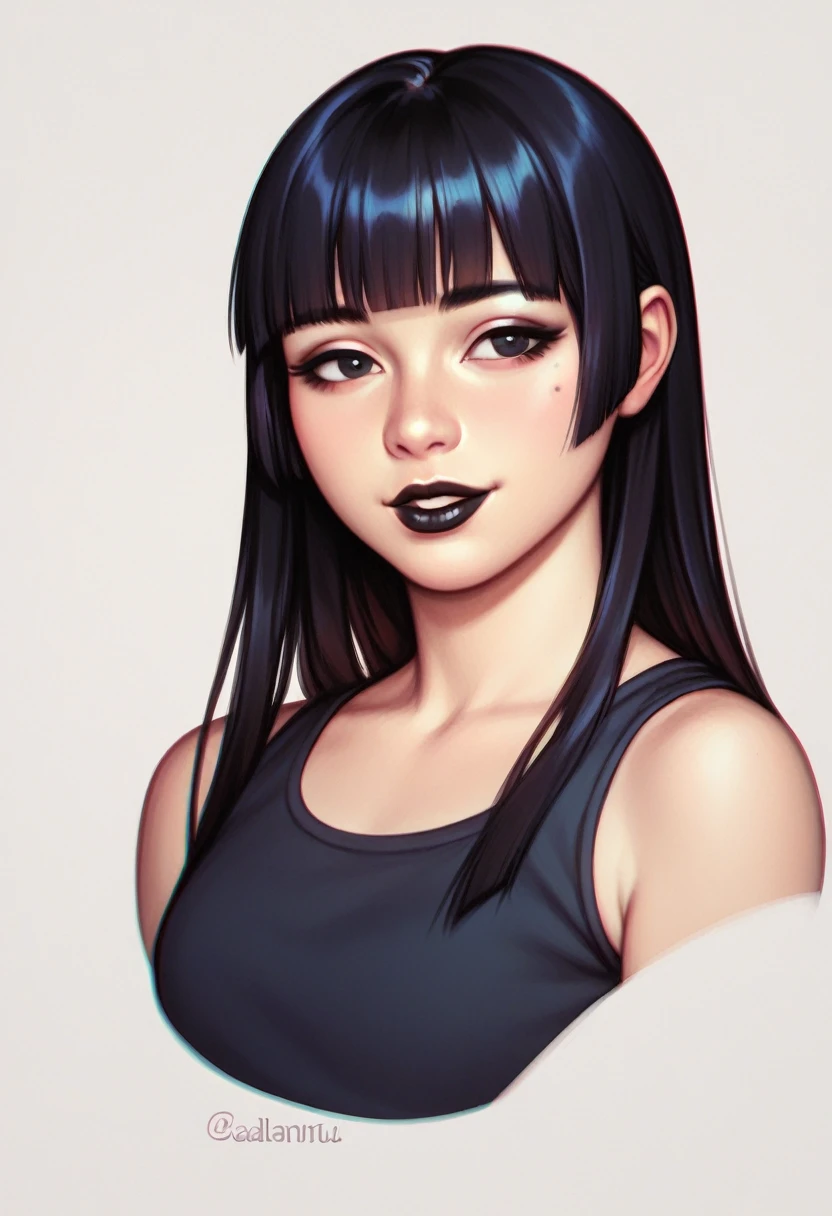 score_9, score_8_up, score_7_up, 1girl, simplified background, Asian, normal casual outfit, sunny, lovely, hime cut hair, gentle smile, black lips, black eyes, 