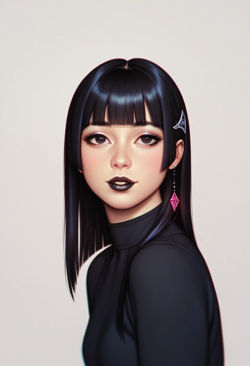 score_9, score_8_up, score_7_up, 1girl, simplified background, Asian, normal casual outfit, sunny, lovely, hime cut hair, gentle smile, black lips, black eyes, 