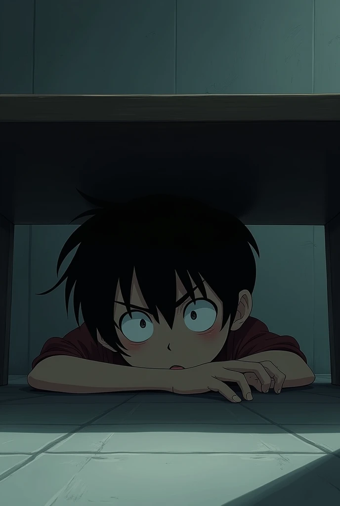 Black haired boy hides under a table 