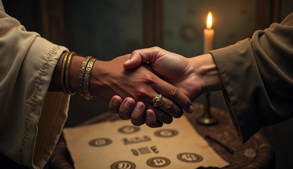 Create a hyper-realistic and mysterious image of two intertwined hands, one of them adorned with gold rings and dressed in a finely embroidered linen tunic sleeve, while the other hand, older and dressed in a simple tunic, firmly secure. Ao fundo, softly blurred, there is an open parchment with symbols of alliances and pacts. The soft light of a nearby lamp illuminates the hands, creating a sense of trust and commitment. The scene should evoke the idea that generosity strengthens bonds between people, creating deep and lasting connections that sustain the cycle of prosperity.