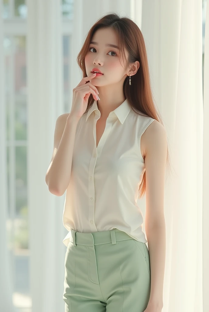 The image shows a realistic young woman with long, straight brown hair.. She is dressed in a white sleeveless blouse, which highlights your neck and arms, giving it a fresh and elegant look. The contrast between the white blouse and her light skin creates a clean and bright image..
She is wearing light green dress pants, which adds a touch of soft color to your outfit, maintaining a professional and polished appearance. The pants are well fitted, enhancing your figure.
To complete the set, wear black heels, that add height and further stylize your appearance. Black heels are a classic accessory that goes well with the rest of your outfit., bringing a touch of sophistication.
His expression is thoughtful, with large, clear eyes that look upwards.