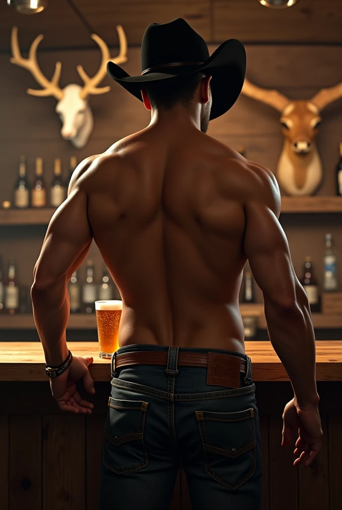 A beautiful sexy young man pouring himself a beer in a cowboy bar with a nice ass wearing a black hat 