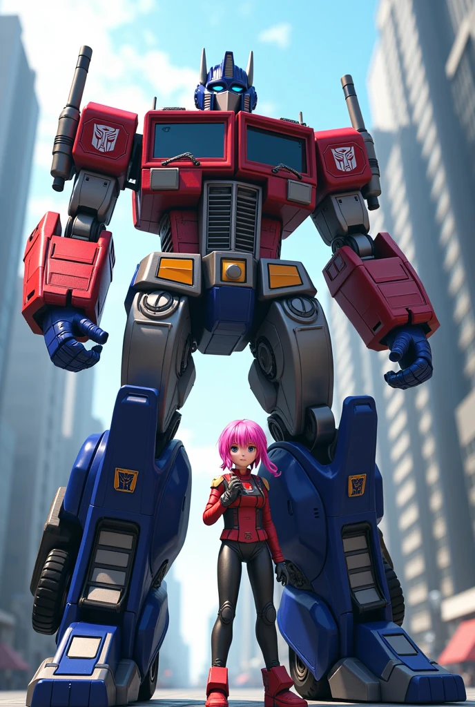 Optimus Prime and Momoe Sawaki, girl, robot, Transformers, mecha, futuristic, cinematic lighting, highly detailed, photorealistic, 8K, (best quality, 4k, 8k, highres, masterpiece:1.2), ultra-detailed, (realistic, photorealistic, photo-realistic:1.37), HDR, UHD, studio lighting, ultra-fine painting, sharp focus, physically-based rendering, extreme detail description, professional, vivid colors, bokeh