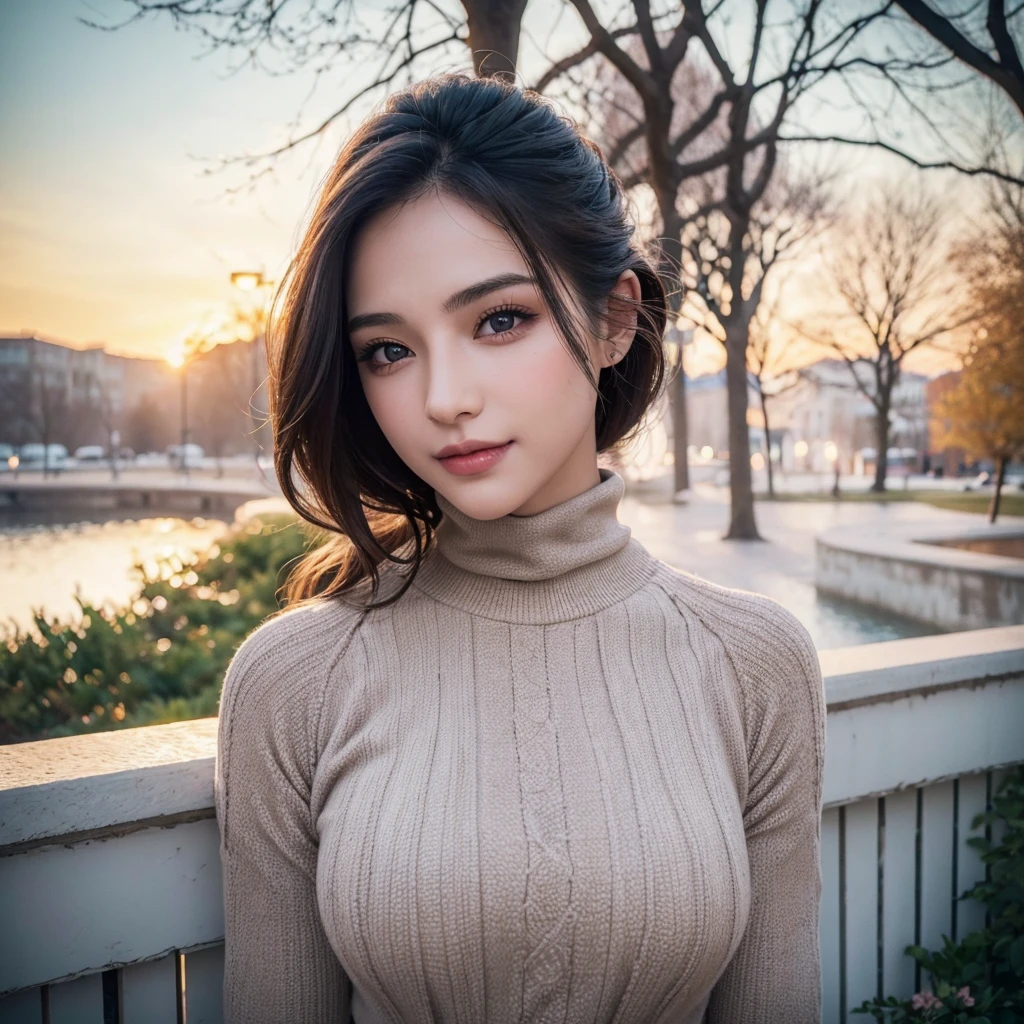 a beautiful young woman in a casual outfit, lady bikers, detailed face, alluring eyes, full lips, large bust, turtle neck t-shirt, leather jacket, outdoor date setting, soft lighting, warm colors, (best quality,4k,8k,highres,masterpiece:1.2),ultra-detailed,(realistic,photorealistic,photo-realistic:1.37),cinematic,beautiful detailed eyes,beautiful detailed lips,extremely detailed face and eyes,long eyelashes,intricate clothing textures,elegant posing,warm smile,romantic atmosphere