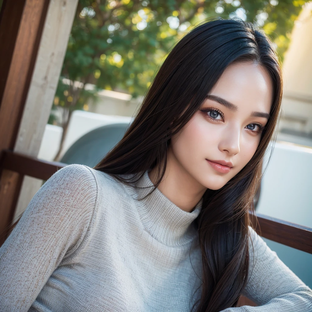 a beautiful young woman in a casual outfit, lady bikers, detailed face, alluring eyes, full lips, large bust, turtle neck t-shirt, leather jacket, outdoor date setting, soft lighting, warm colors, (best quality,4k,8k,highres,masterpiece:1.2),ultra-detailed,(realistic,photorealistic,photo-realistic:1.37),cinematic,beautiful detailed eyes,beautiful detailed lips,extremely detailed face and eyes,long eyelashes,intricate clothing textures,elegant posing,warm smile,romantic atmosphere